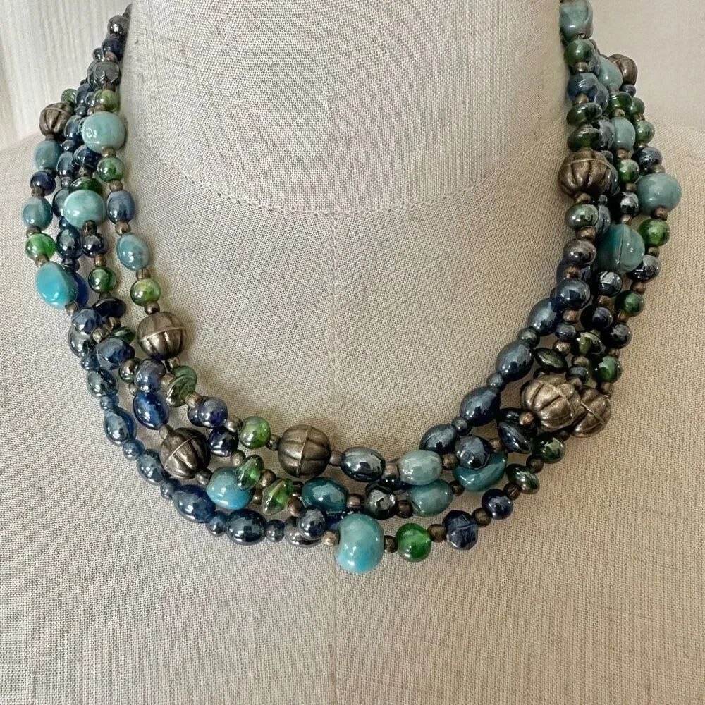 Blue green silver tone multi strand vintage necklace
